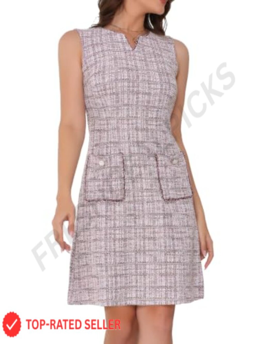 Sleeveless Tweed Plaid Business Casual Knee Length Dress